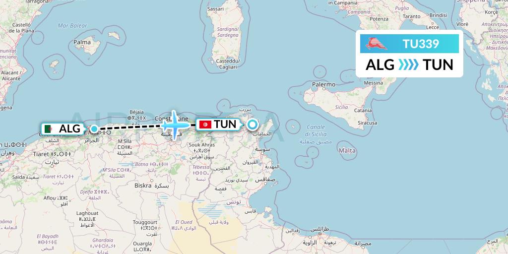 TU339 Tunisair Flight Map: Algiers to Tunis