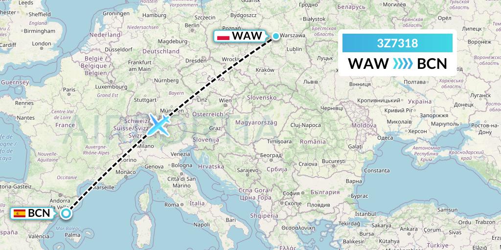 3Z7318 Travel Service Polska Flight Map: Warsaw to Barcelona
