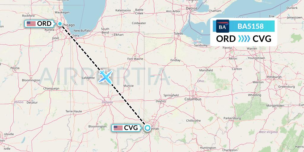 BA5158 British Airways Flight Map: Chicago to Cincinnati