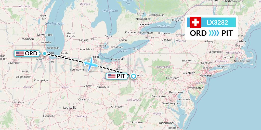 LX3282 Swiss Flight Map: Chicago to Pittsburgh