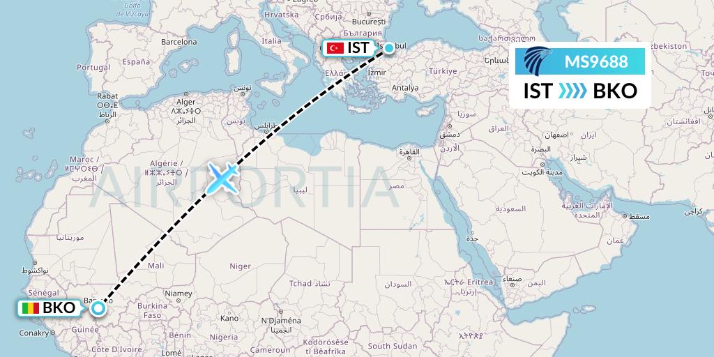 MS9688 EgyptAir Flight Map: Istanbul to Bamako