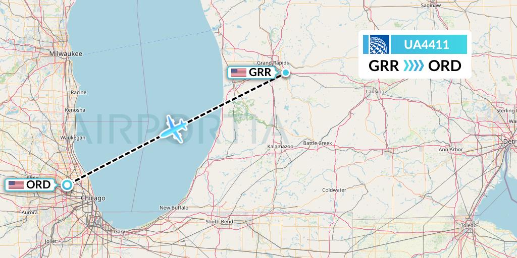 UA4411 United Airlines Flight Map: Grand Rapids to Chicago