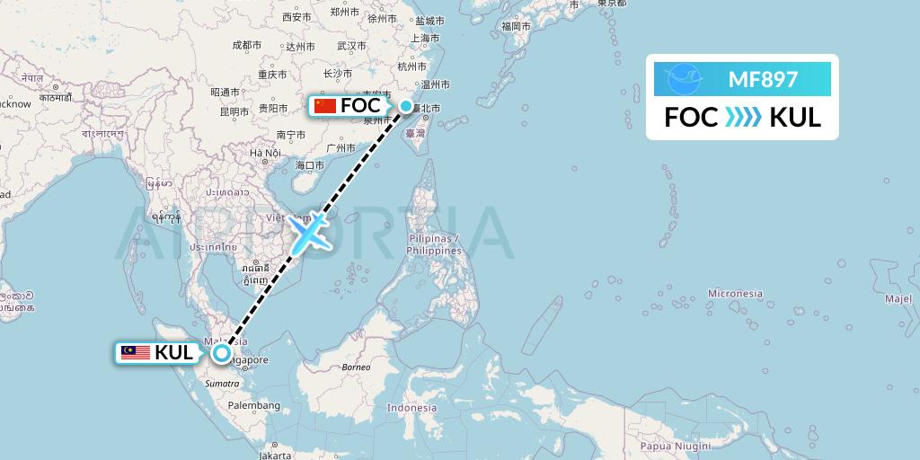MF897 Xiamen Airlines Flight Map: Fuzhou to Kuala Lumpur