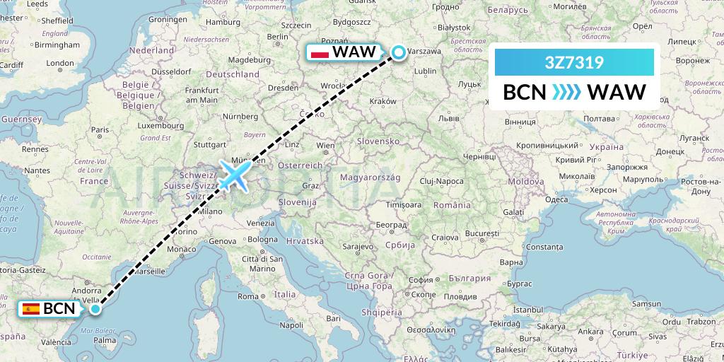 3Z7319 Travel Service Polska Flight Map: Barcelona to Warsaw
