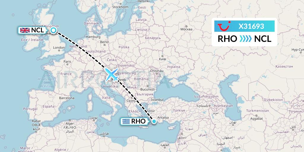 X31693 TUI fly Germany Flight Map: Rhodes to Newcastle