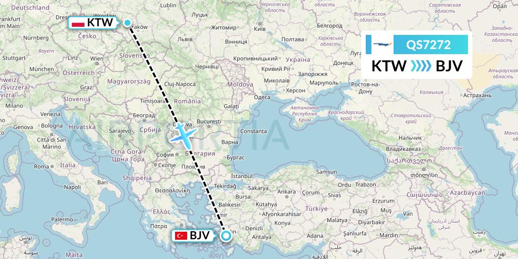 QS7272 Smartwings Flight Map: Katowice to Bodrum