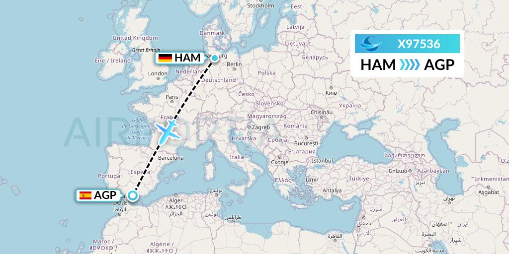 X97536 Avion Express Flight Map: Hamburg to Malaga