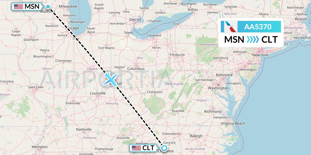 AA5370 American Airlines Flight Map: Madison to Charlotte