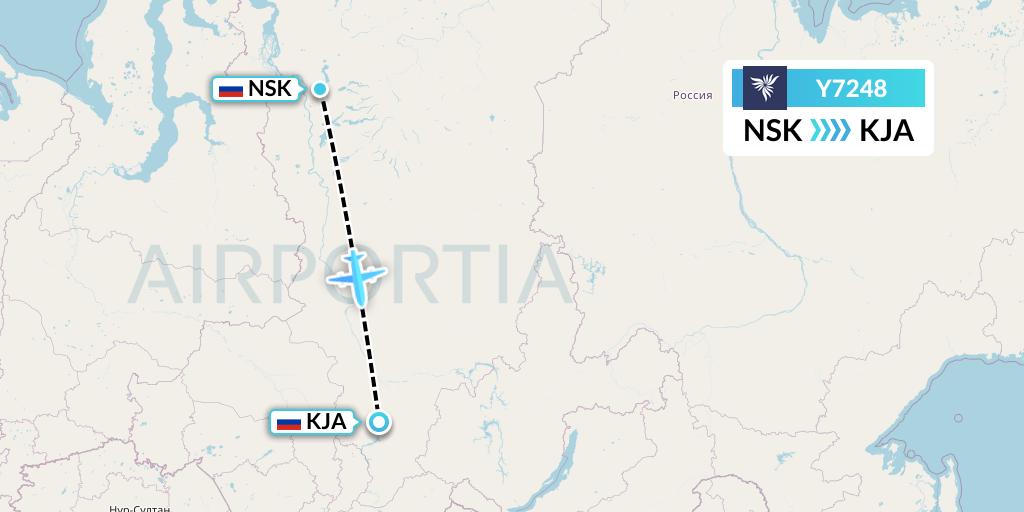 Y7248 NordStar Flight Map: Norilsk to Krasnoyarsk