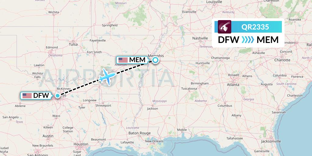 QR2335 Qatar Airways Flight Map: Dallas to Memphis