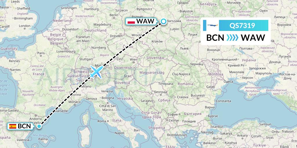 QS7319 Smartwings Flight Map: Barcelona to Warsaw