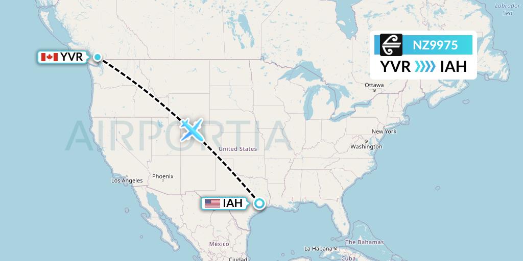 NZ9975 Air New Zealand Flight Map: Vancouver to Houston