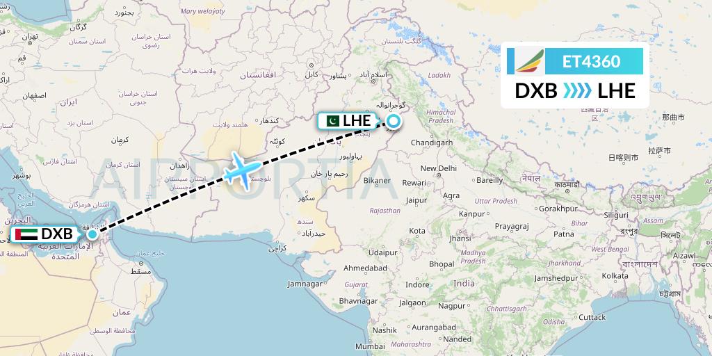 ET4360 Ethiopian Airlines Flight Map: Dubai to Lahore