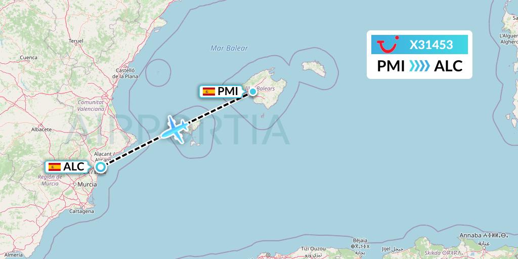 X31453 TUI fly Germany Flight Map: Palma de Mallorca to Alicante