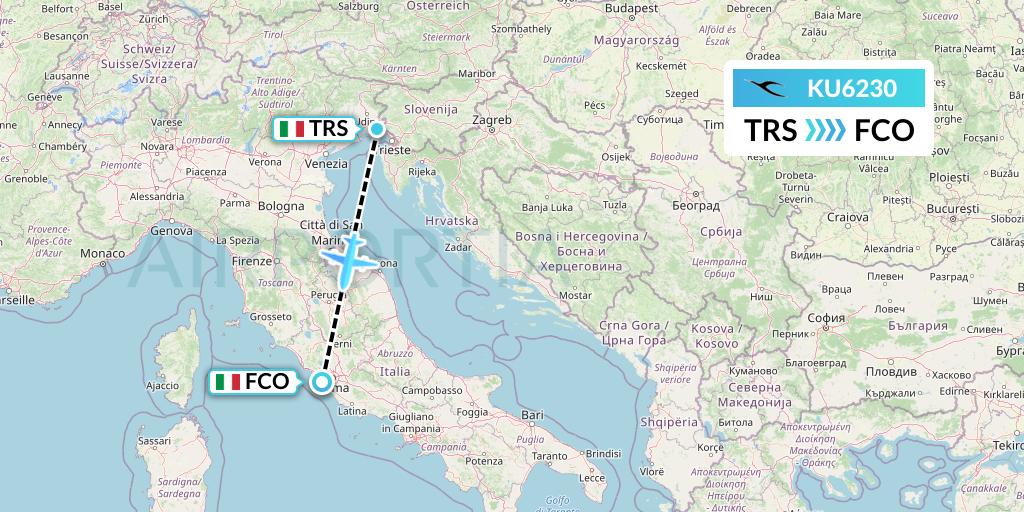 KU6230 Kuwait Airways Flight Map: Trieste to Rome
