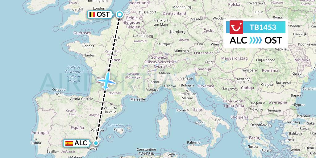 TB1453 TUI fly Belgium Flight Map: Alicante to Ostend