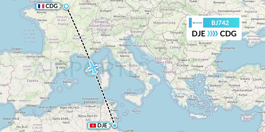 BJ742 Nouvelair Tunisie Flight Map: Djerba to Paris