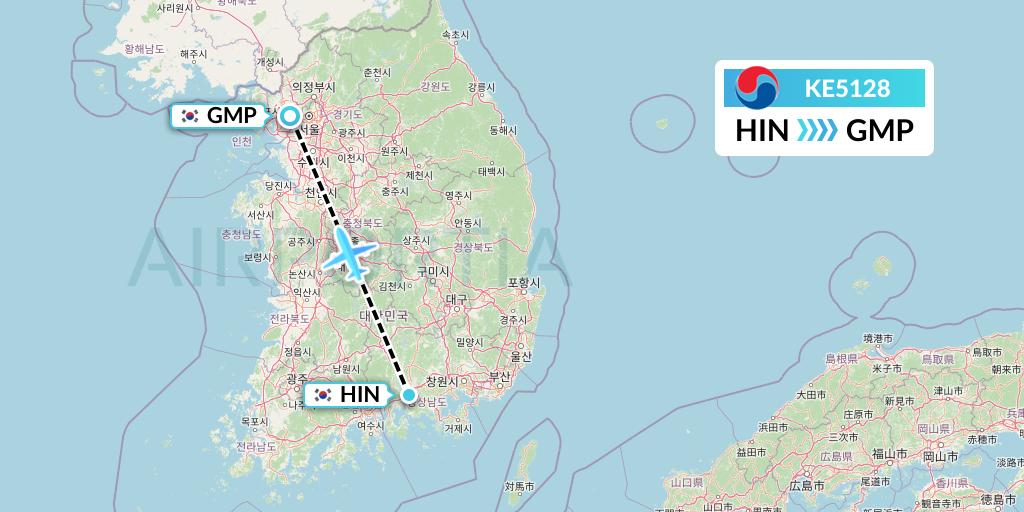KE5128 Korean Air Flight Map: Jinju to Seoul