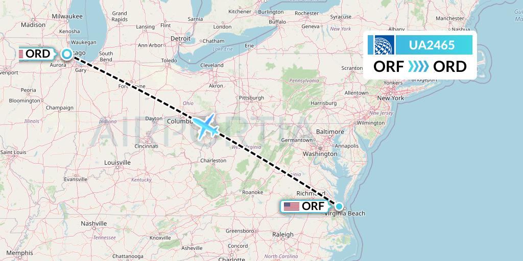 UA2465 United Airlines Flight Map: Norfolk to Chicago