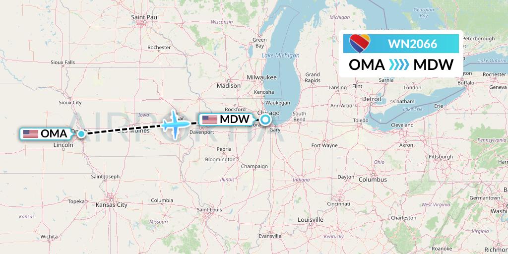 WN2066 Southwest Airlines Flight Map: Omaha to Chicago