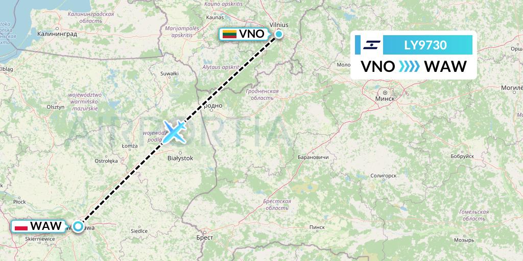 LY9730 El Al Flight Map: Vilnius to Warsaw