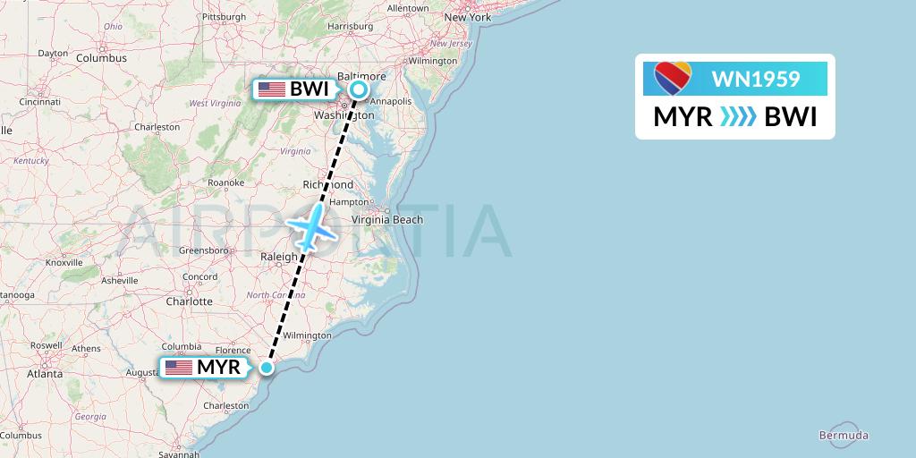WN1959 Southwest Airlines Flight Map: Myrtle Beach to Baltimore