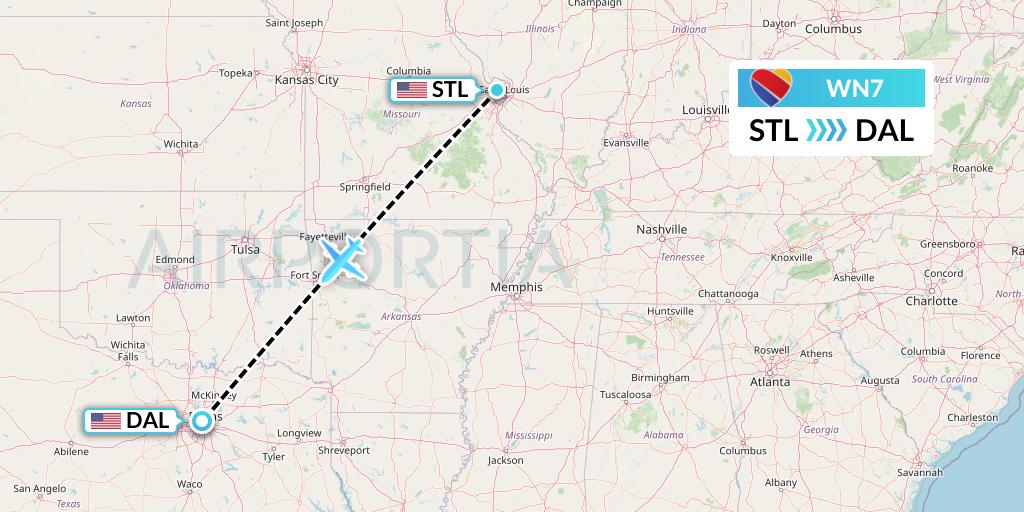 WN7 Southwest Airlines Flight Map: St. Louis to Dallas