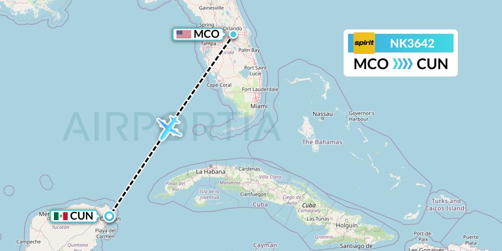 NK3642 Spirit Airlines Flight Map: Orlando to Cancun