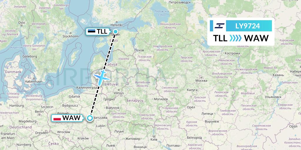 LY9724 El Al Flight Map: Tallinn to Warsaw