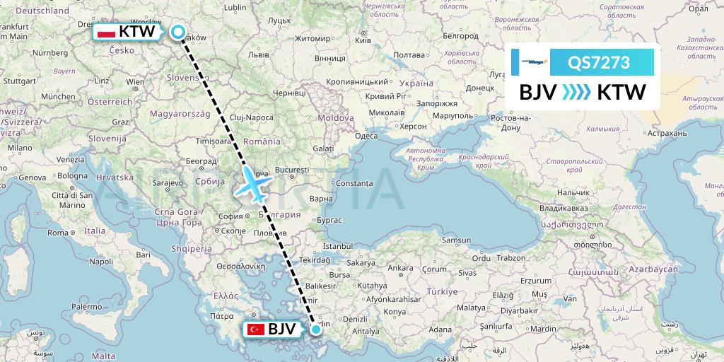 QS7273 Smartwings Flight Map: Bodrum to Katowice