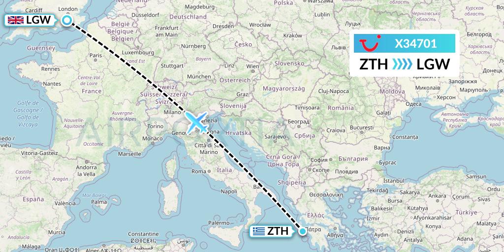 X34701 TUI fly Germany Flight Map: Zakynthos to London