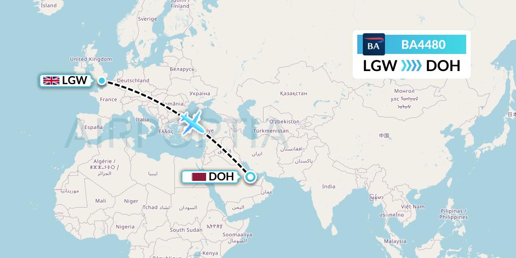 BA4480 British Airways Flight Map: London to Doha