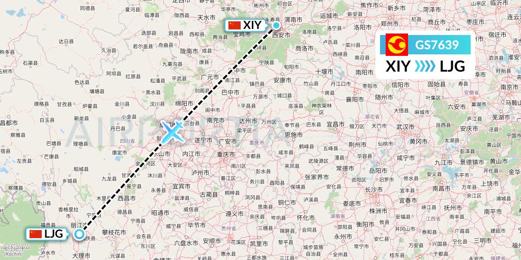 GS7639 Tianjin Airlines Flight Map: Xi'an to Lijiang