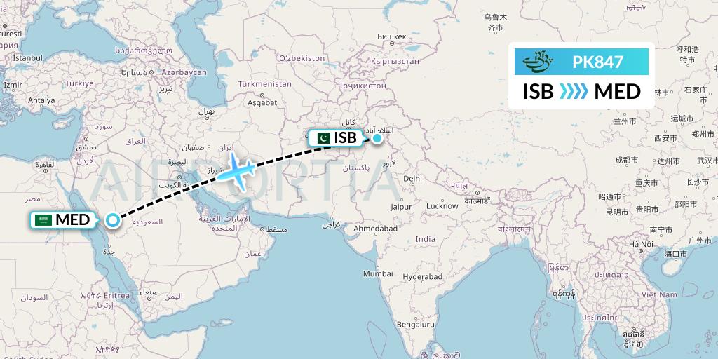 PK847 Pakistan International Airlines Flight Map: Islamabad to Medina