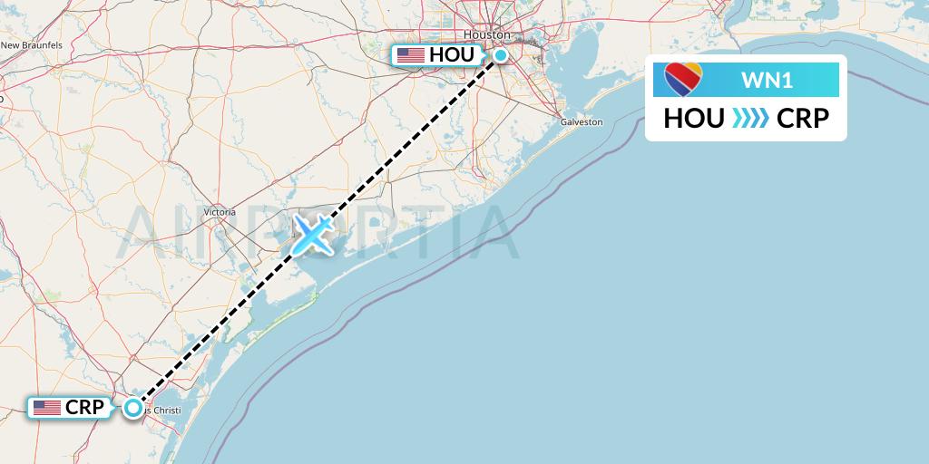 WN1 Southwest Airlines Flight Map: Houston to Corpus Christi