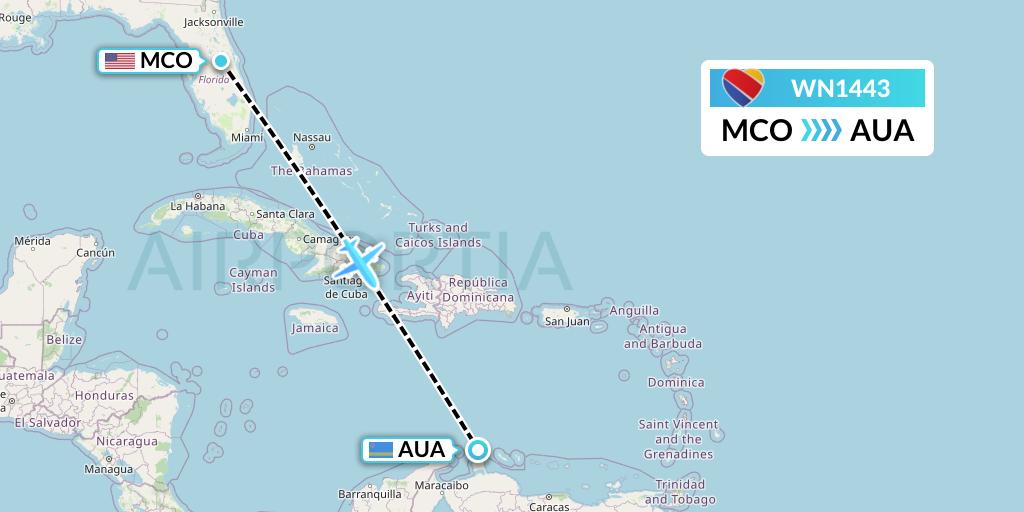 WN1443 Southwest Airlines Flight Map: Orlando to Oranjestad