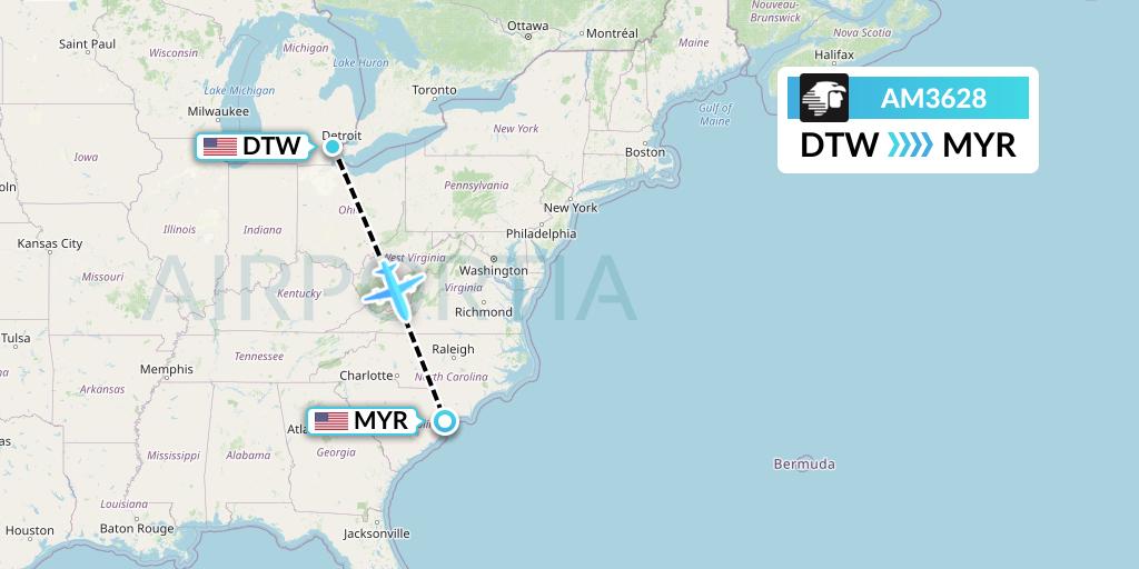 AM3628 Aeromexico Flight Map: Detroit to Myrtle Beach