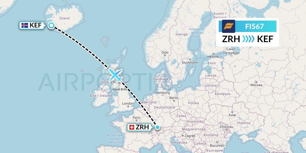 FI567 Icelandair Flight Map: Zurich to Reykjavik
