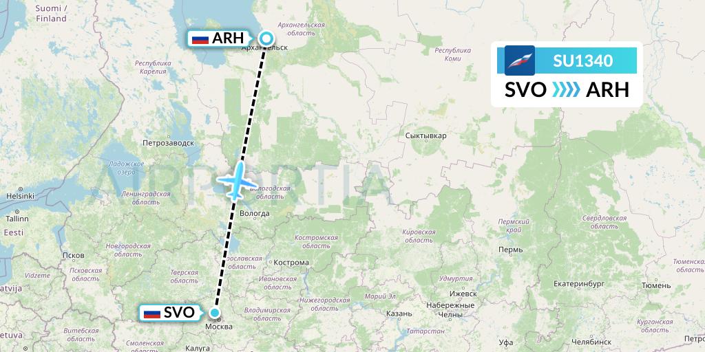 SU1340 Aeroflot Flight Map: Moscow to Arkhangelsk