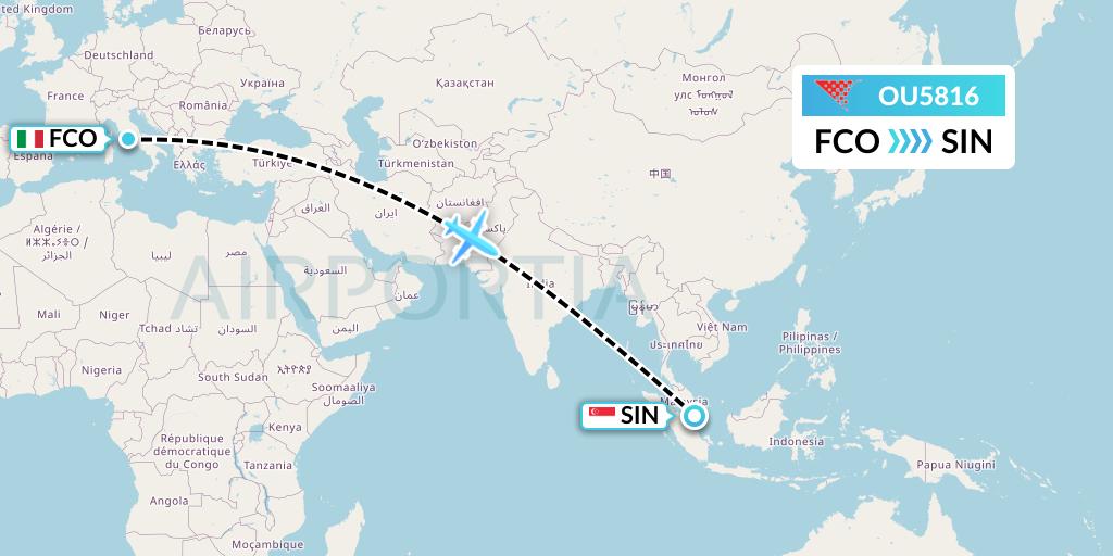 OU5816 Croatia Airlines Flight Map: Rome to Singapore