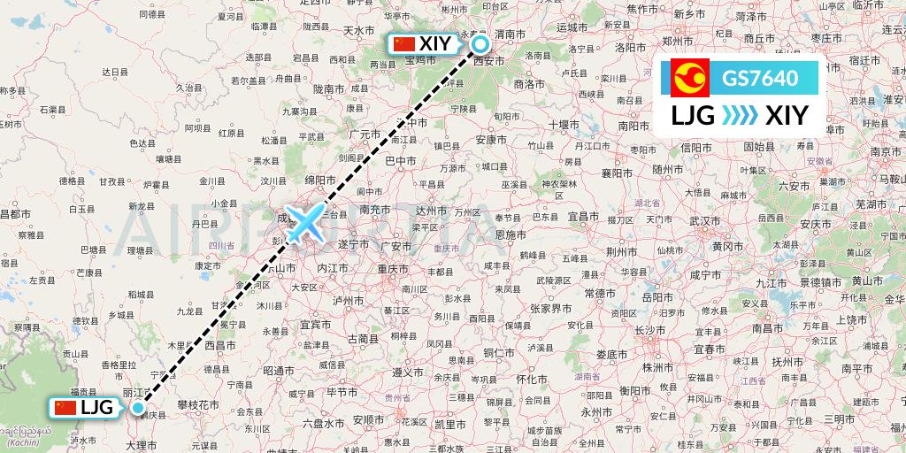 GS7640 Tianjin Airlines Flight Map: Lijiang to Xi'an