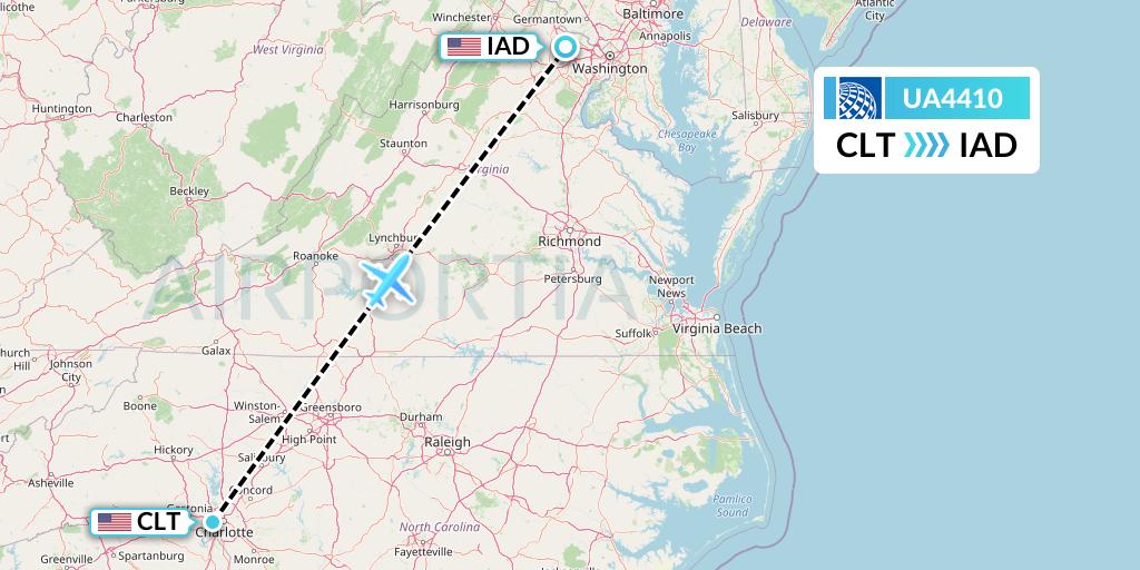 UA4410 United Airlines Flight Map: Charlotte to Washington