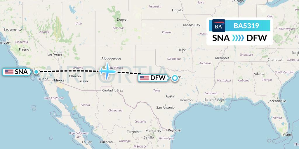 BA5319 British Airways Flight Map: Orange County to Dallas