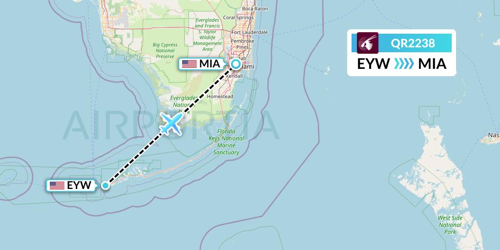 QR2238 Qatar Airways Flight Map: Key West to Miami