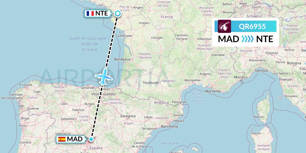 QR6955 Qatar Airways Flight Map: Madrid to Nantes
