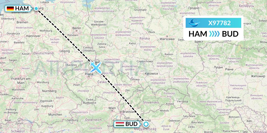 X97782 Avion Express Flight Map: Hamburg to Budapest