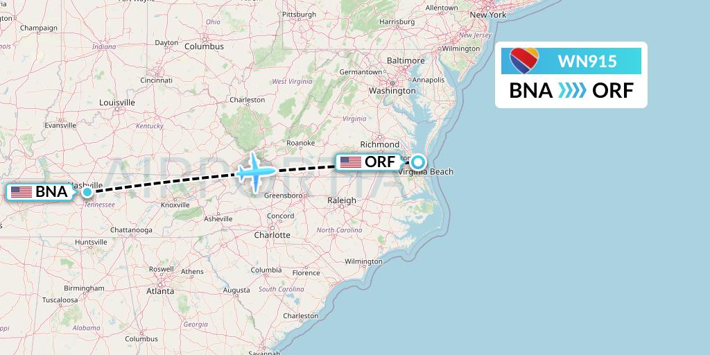 WN915 Southwest Airlines Flight Map: Nashville to Norfolk