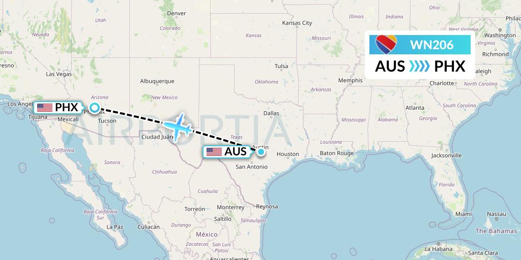 WN206 Southwest Airlines Flight Map: Austin to Phoenix