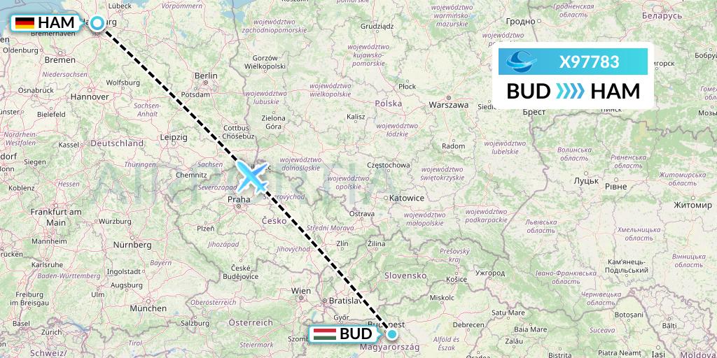 X97783 Avion Express Flight Map: Budapest to Hamburg