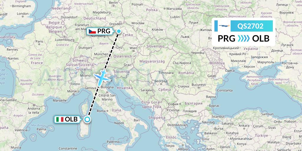QS2702 Smartwings Flight Map: Prague to Olbia